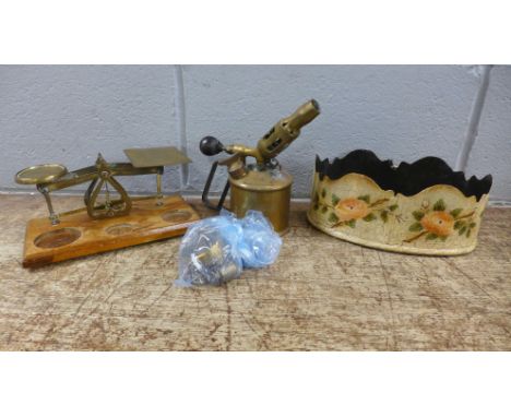 A set of postal scales with weights, a Sievert blow lamp and a painted tin plate planter 