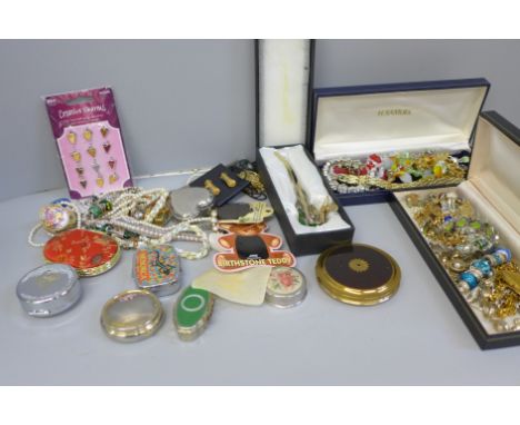 A collection of lady's pill boxes, a powder case, decorative bookmarks, a jade elephant, costume jewellery, etc. 