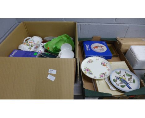 Two boxes of mixed china, Aynsley, Royal Worcester egg cups, Goebel plates, Wedgwood Jasperware plaque, etc. **PLEASE NOTE TH