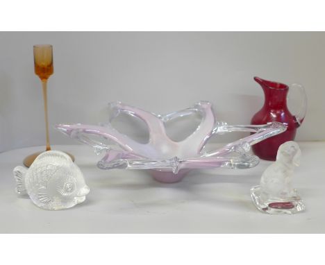 Art glass; Murano splash bowl cased in silvered pink, a 1957 Whitefriars ruby jug (no. 1419), Wedgwood Sandringham candle hol