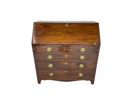 George III figured mahogany bureau, fall front enclosing fitted interior, four graduating drawers, shaped apron and bracket f