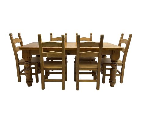 Traditional pine dining table, rectangular top with rounded corners, raised on turned supports (W83cm D90cm H77cm); and set s