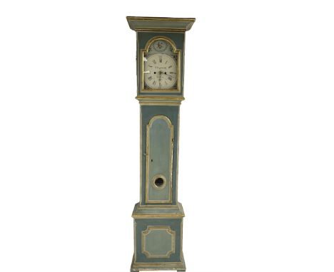 Painted longcase clock - with a flat topped pediment and break arch hood door, long trunk door with glass lenticle, on a squa