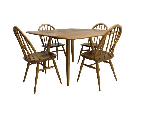 Ercol - elm and beech 'drop-leaf dining table' (W113cm, D126cm, H72cm); and set four ercol 'Windsor' elm and beech dining cha