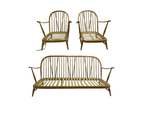 Ercol - 'Windsor' three seat settee (W175cm, H77cm); and pair ercol 'Windsor' easy armchairs (W70cm, H77cm), (no cushions, fr