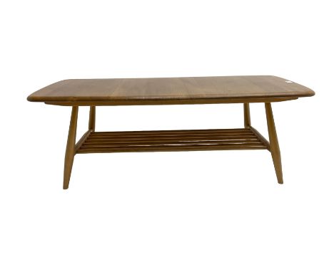 Ercol - elm and beech coffee table, rectangular top on splayed supports joined by undertierDimensions: Height:&nbsp;36cm&nbsp