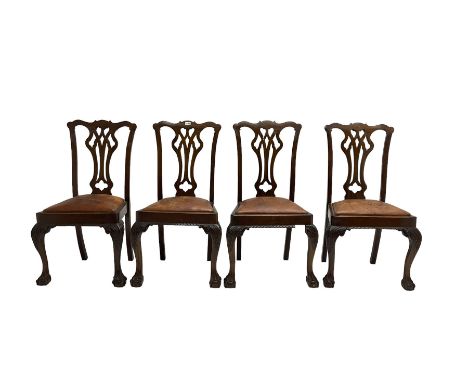 Set four George III Chippendale-style mahogany dining chairs, shaped serpentine cresting rail with pierced and splat back, dr