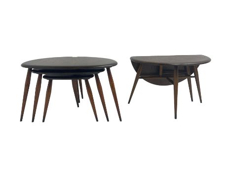 Ercol - elm and beech nest of three 'pebble' tables; and drop leaf occasional table