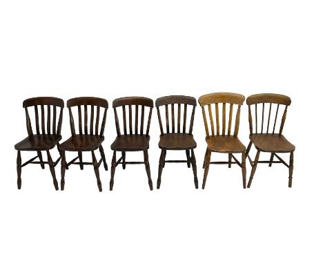 Set four elm farmhouse style dining chairs; 19th century stick back chair; and 19th century elm and beech chair (6)