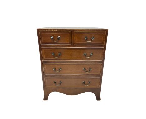 Georgian design inlaid mahogany chest, fitted with two short and three long drawers, shaped apron and splayed bracket feetDim