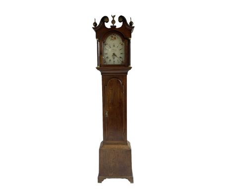 Thomas Wrangles -  early 19th-century oak longcase clock with a swans neck pendulum and three brass finials, glazed hood door