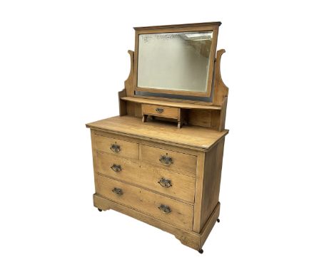 Art and Crafts period oak dressing chest, the rectangular bevelled swing mirror over single small drawer, rectangular top ove