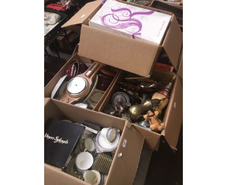 8 boxes of misc ceramics, kitchenware, metalware, blood pressure monitors, trays, treen, barometer, plates, cups and saucers,