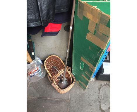 A copper hunting horn, 2 wicker baskets and a vintage copper and brass Salter scale. 