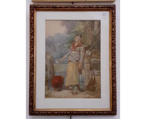 Joseph H Barnes (1867-1887), watercolour, young maid with pitcher standing at gate, 33cm x 47cm, signed 'J. H. Barnes, Langha