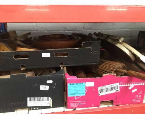 3 boxes of treen, including a triple mirror and another including vintage tools 