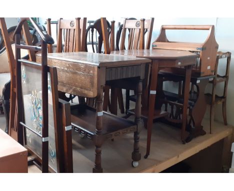 Various items of furniture; a Bevan Funnell Reprodux three tier table, a magazine rack, a magazine rack table, an Edwardian o