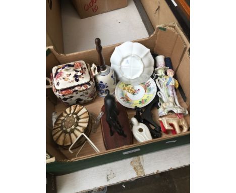 A box of misc including ornaments, bone box, bell, figural candlestick holder, a Masons Ironstone sugar box, etc. 