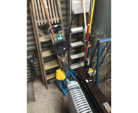 2 electric heaters, 2 bundles of misc household tools, a set of aluminium stepladders and a set of wooden stepladders. 
