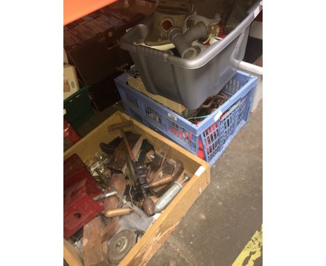 5 boxes of various tools / garageware and woodworking to include planes, drills, pipe fittings, etc. 