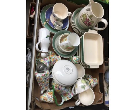 Box of pottery inc. Wedgwood Sarahs Garden and Midwinter 