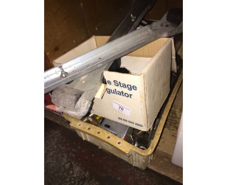 A mixed box of engineering hand tools including taps, regulator valve etc. 