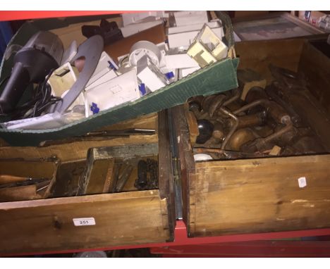 2 large wooden drawer full of misc tools and garageware and 1 box of misc electrical accessories. 