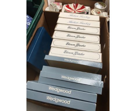A box of boxed collectors plates. 4 Wedgwood, 1 Royal Worcester, 6 German plates by Bradford Exchange featuring artists Eleon