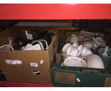 2 boxes of misc including Colclough part tea service, kitchenware, etc. 
