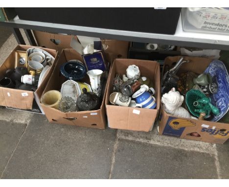 4 boxes of mixed ceramics including Royal Worcester gold teaware, galssware including Thomas Webb boxed crystal, T G Green ki