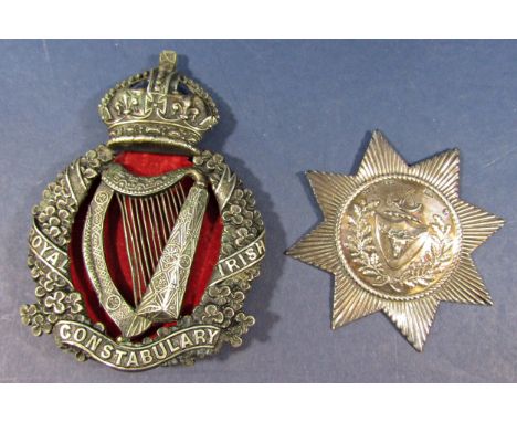 Royal Irish Constabulary helmet badge and a William IV silver badge, star shaped outline with additional detail (2) 