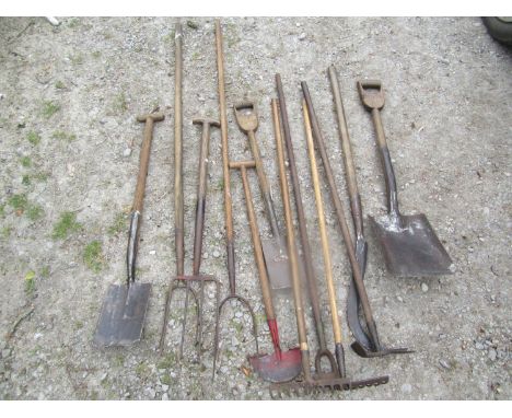 A collection of mainly vintage long wooden handled gardening and agricultural tools together with a small collection of hand 