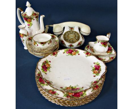 A collection of Royal Albert Old Country Roses china wares comprising coffee pot, milk jug, cake plate, six dinner plates, si