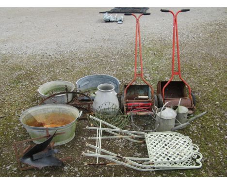 Two vintage  Qualcast cylinder push lawn mowers with grass collection boxes together with a small galvanised two handled oval