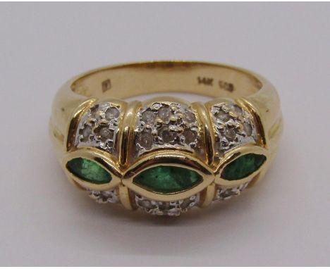 14ct emerald and diamond dress ring, size M/N, 5.5g (one emerald af) 