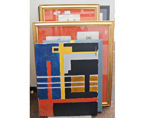 A collection of pictures and prints including three framed sets of monochrome architectural engravings after Sir William Cham