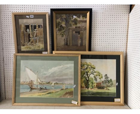 Sydney W. Starling (1889 - 1984), Four watercolours on paper to include: 'Girl at Gate' c.1950; 'Stonemasons/Church' c.1970; 