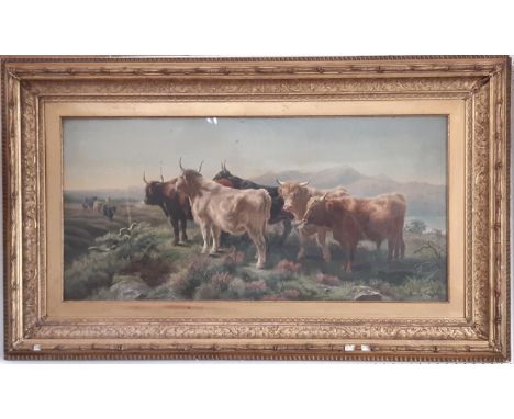 Rosa Bonheur (French, 1822 - 1899) A herd of cows, Oleograph print, approx. 39.5 x 82.5 cm, In highly ornate 19th Century gil