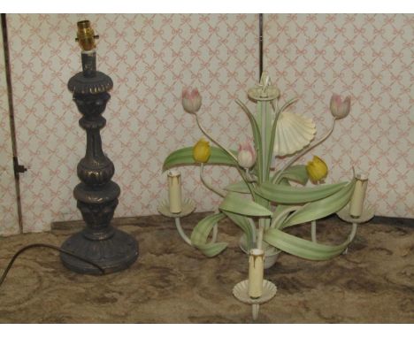 Contemporary metalware ceiling light of floral form with painted detail and one other table lamp (2) 