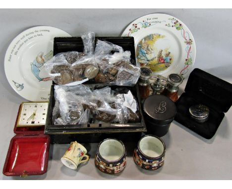 A miscellaneous collection of items including a money box, bags of old copper pennies, half pennies, a pair of Lemaire Paris 