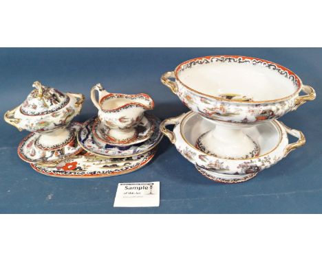 A collection of 19th century Ironstone tablewares comprising a large soup tureen, stand, cover and ladle, comport, tureen, gr