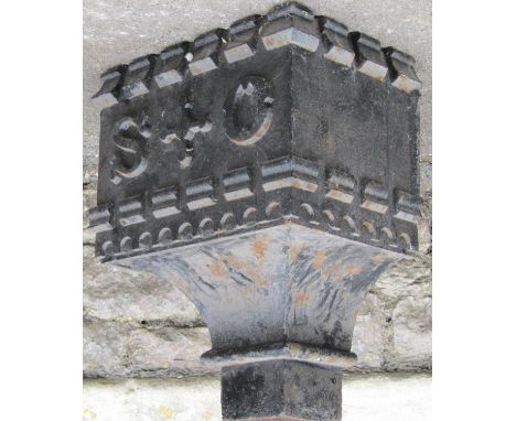 A Victorian gothic revival cast iron drain water hopper with castellated detail and raised initials S O, 42 cm wide x 25 cm d