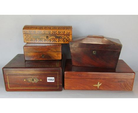 A Georgian sarcophagus mahogany tea caddy and a mahogany jewellery box with velvet lined interior, a domed rosewood inlaid gl