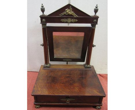 French Empire period toilet mirror, the box base enclosing a leather lined writing surface with ink wells to one side, the ra