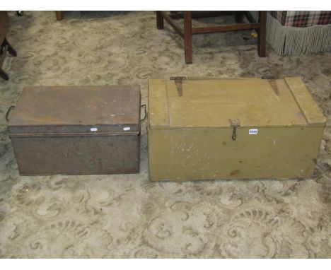 A pine box containing a miscellaneous unsorted collection of small workshop tools, paint grinder, etc and a further tin trunk