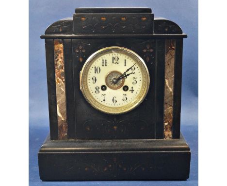 A Victorian black slate and polished marble mantle clock with eight day striking movement 