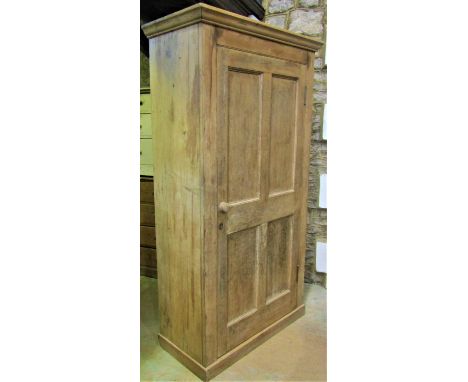 A Victorian stripped and waxed pine storage cabinet, the front elevation enclosed by quarter panelled door with shelf lined i