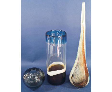 A Holmegaard Minuet smokey grey glass vase, signed to base, a Murano Art glass style narrow necked vase and a cylindrical tri