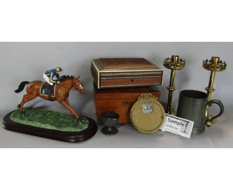 A miscellaneous collection of items including a Leonardo Collection jockey and horse, a sarcophagus tea caddy, a Damascus inl