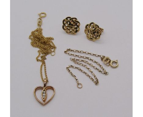 Group of 9ct jewellery comprising a pair of Celtic style earrings, a heart shaped diamond set pendant necklace and a chain br